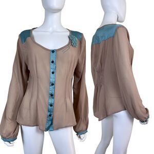 Nick & Mo Women Size L Hottie Dottie Beige Blue Satin Sheer Floret NEW Blouse